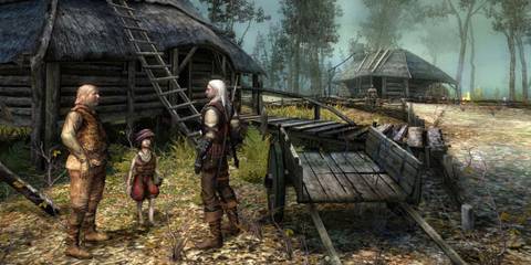 Geralt exploring a village with NPCs - The Witcher