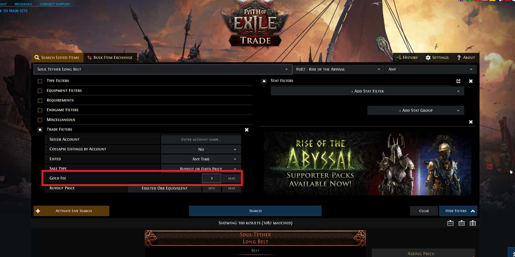 gold fee filter on path of exile 2 trade site