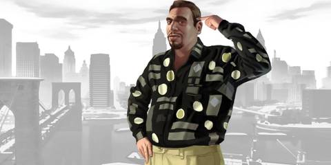 GTA 4 Roman Bellic official artwork concept art with gray Liberty City background