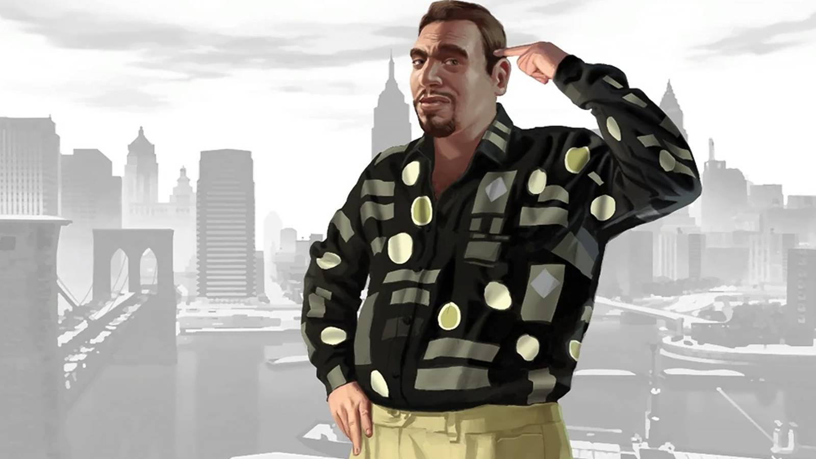 GTA 4 Roman Bellic official artwork concept art with gray Liberty City background