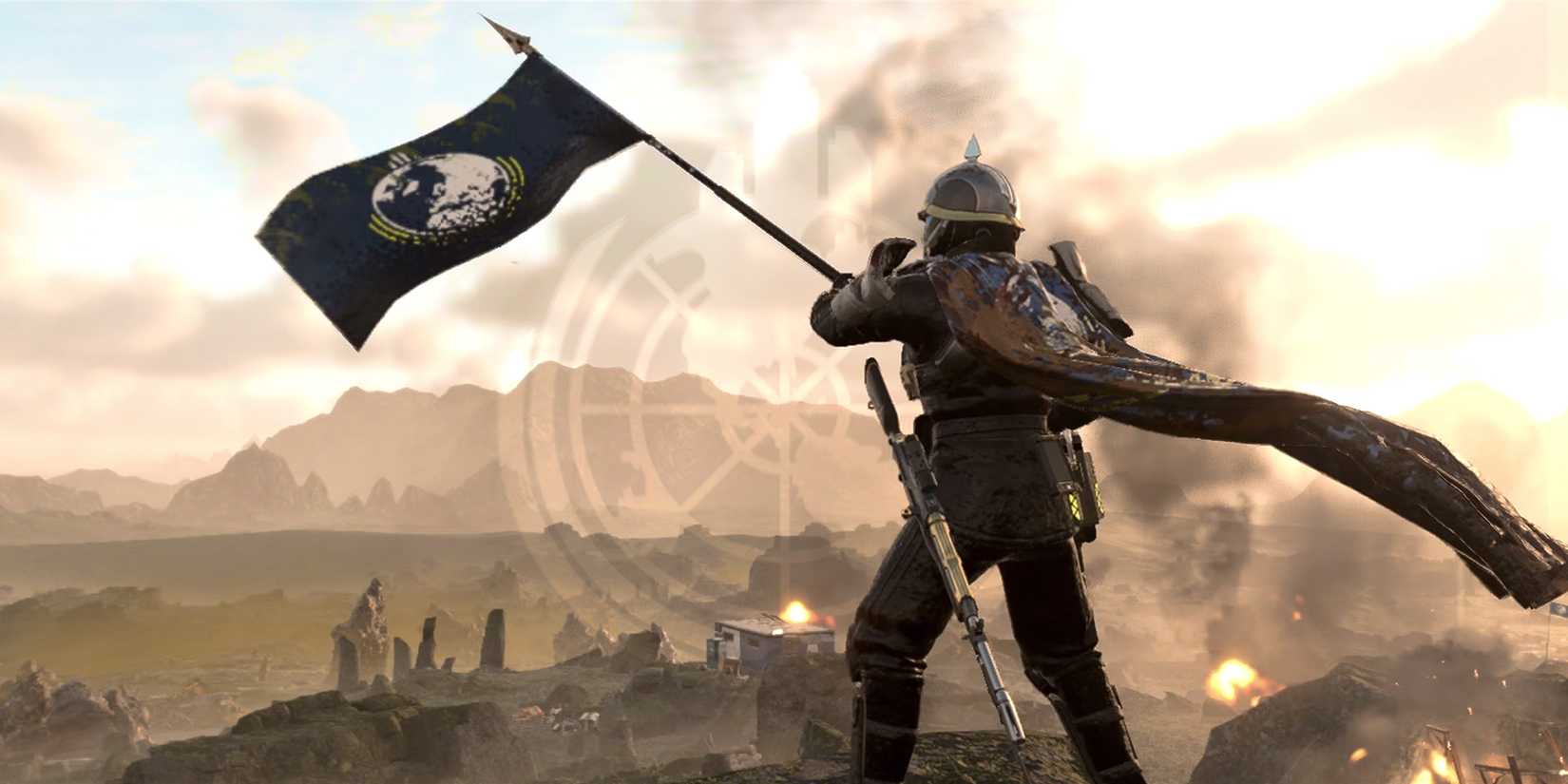 Helldivers 2 flag planting wielding with faint Super Eath logo discernible in the foreground 2x1 composite