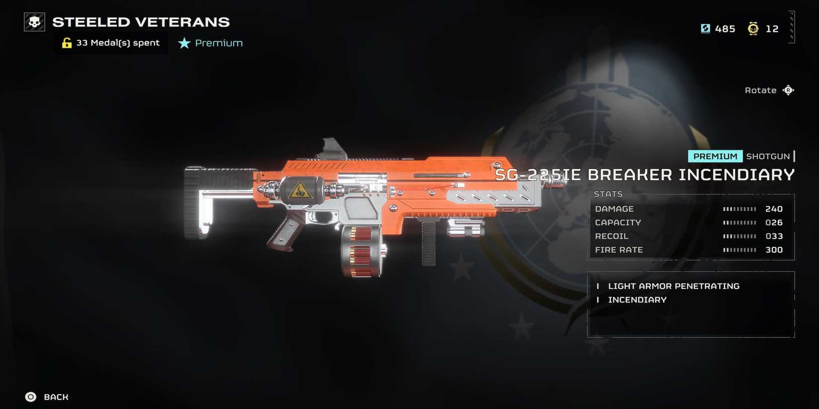 The SG-225IE Breaker Incendiary in the menu 