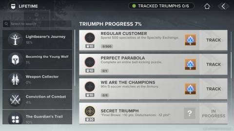 Destiny Rising Triumphs menu