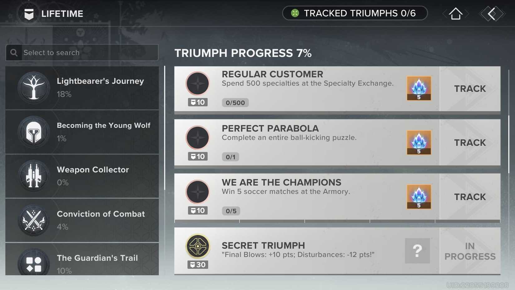 Destiny Rising Triumphs menu