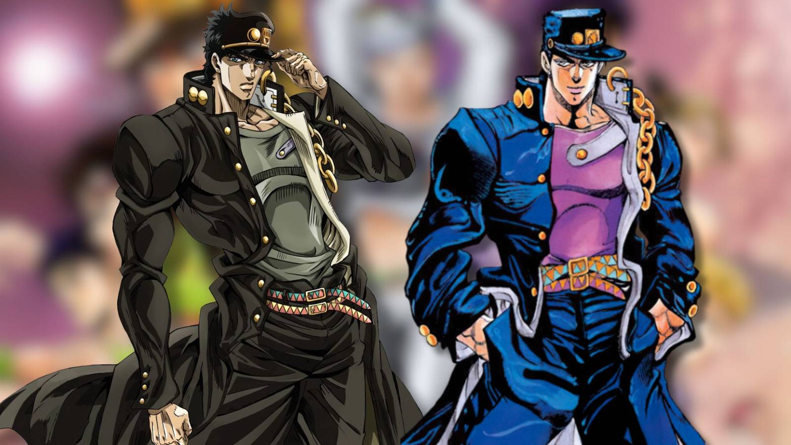 A collage of Jotaro Kujo in the anime and in the manga - JoJo's Bizarre Adventure