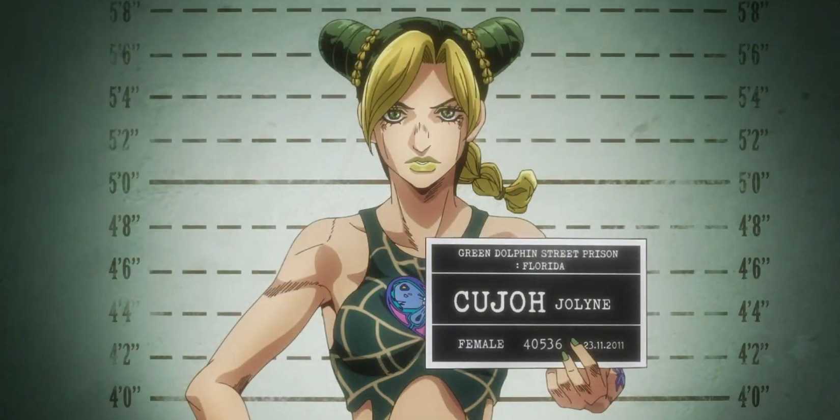 Jolyne's mugshot in the anime - JoJo's Bizarre Adventure