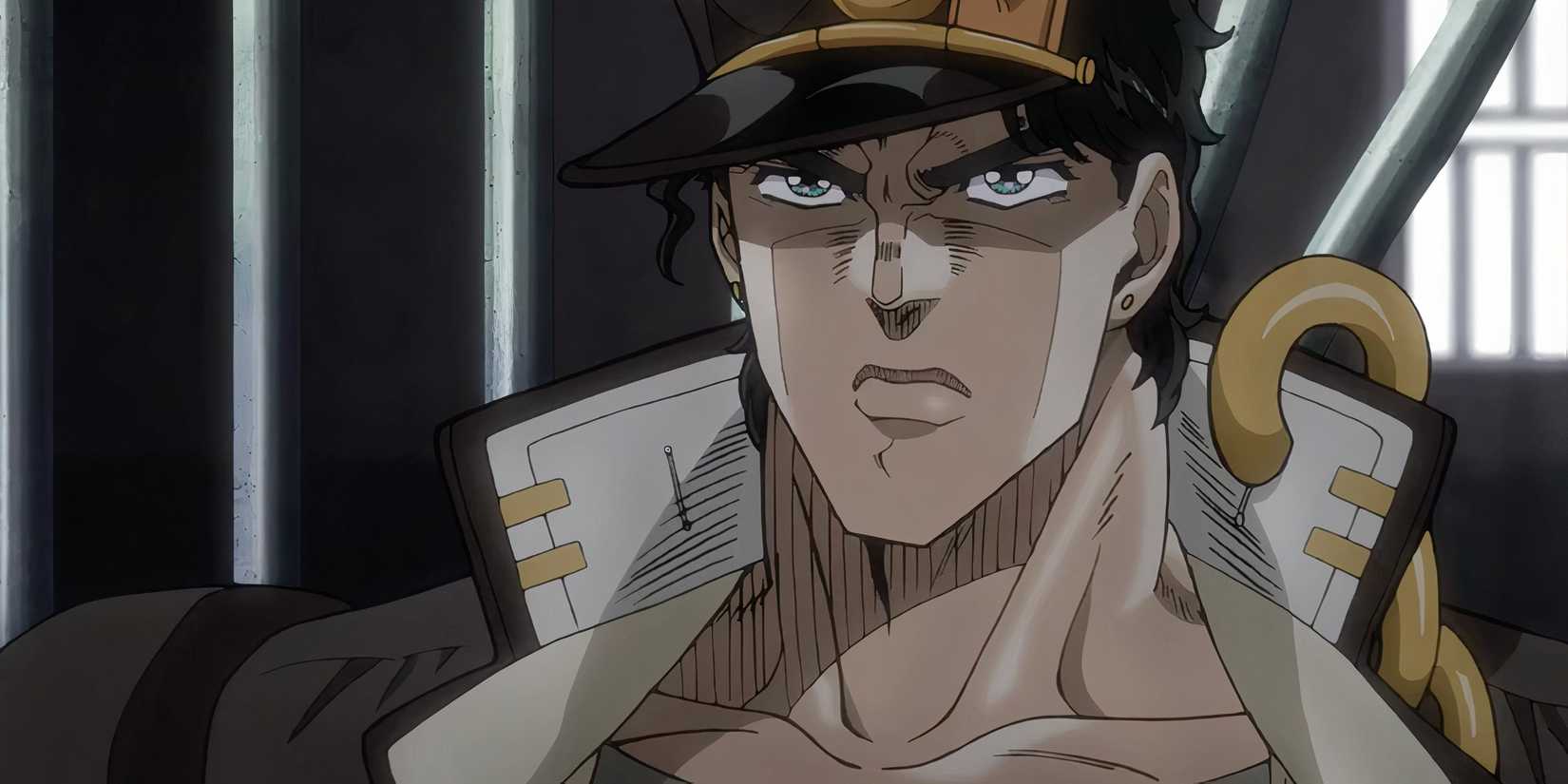 Jotaro Kujo scowls at someone.