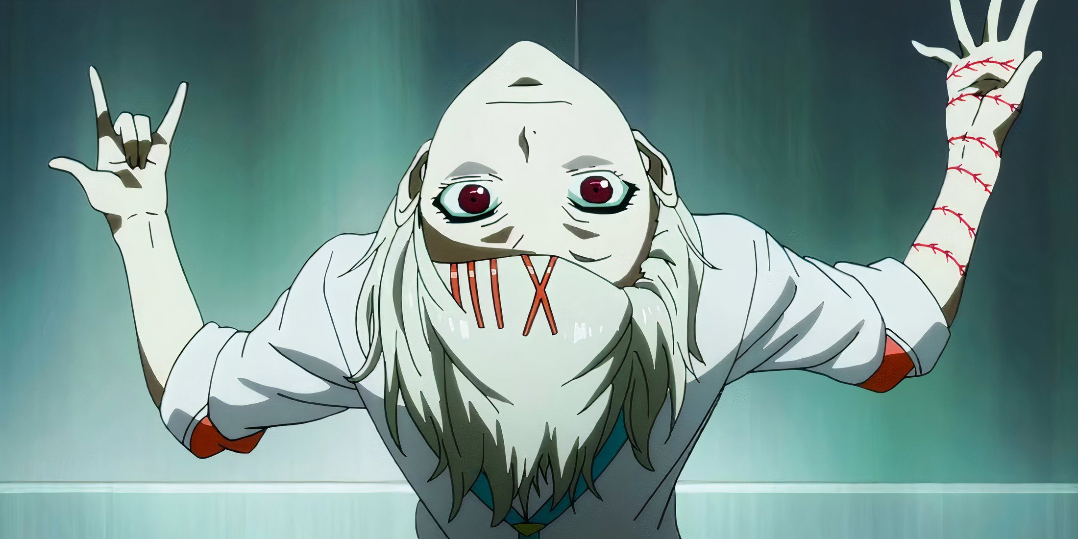 Juuzou Suzuya bends backwards and smiles at a group of Ghouls in Tokyo Ghoul.
