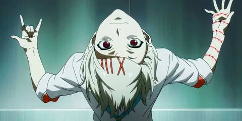 Juuzou Suzuya bends backwards and smiles at a group of Ghouls in Tokyo Ghoul.
