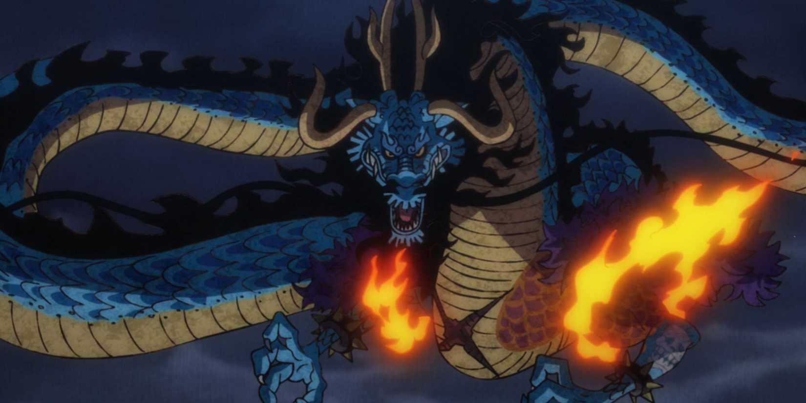 Kaido as his full beast with fire all around him.