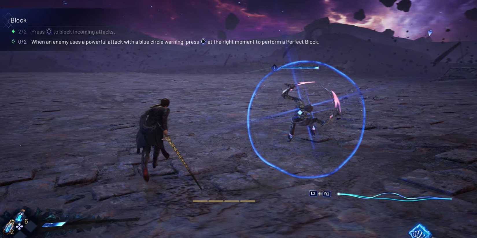 Kaser gets ready to perfect block in a tutorial - Lost Soul Aside