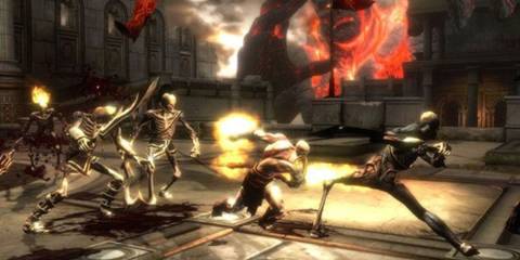 Kratos fighting a bunch of enemies while the Titans raid Mount Olympus - God of War 3