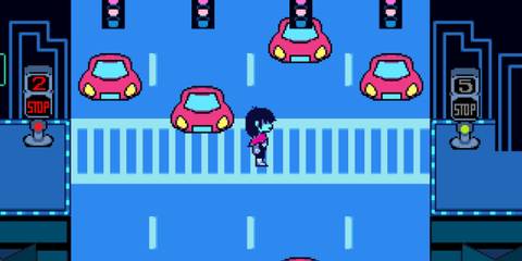 Kris walking through the ciber city - Deltarune