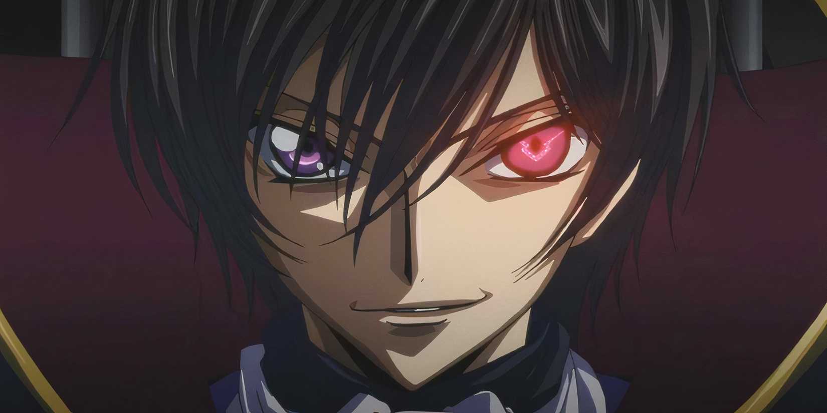 Lelouch Lamperouge looks right at the viewer with his left eye glowing.