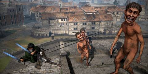 Levi fighting a titan in Attack On Titan (2016)