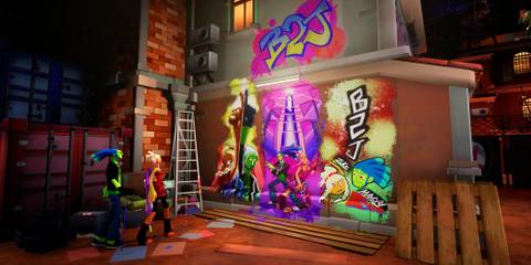 Looking at graffiti on a building in No Straight Roads