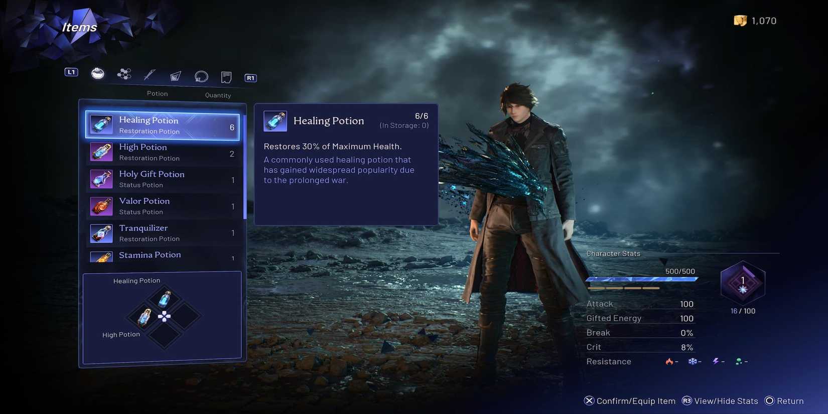 Healing Potions in the Menu 