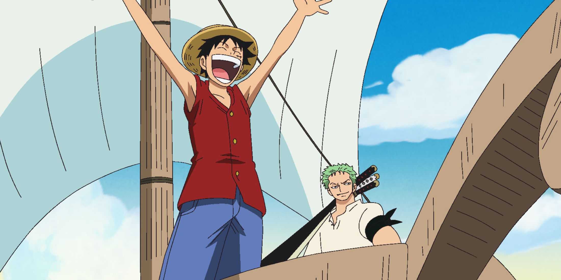 Luffy and Zoro set sail on a small ship together.