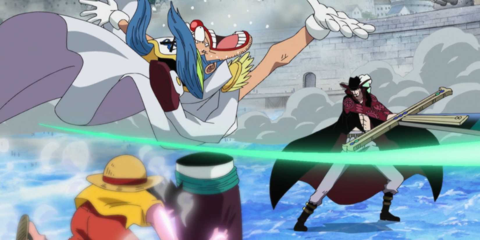 Luffy uses Buggy as a human shield against Mihawk - One Piece