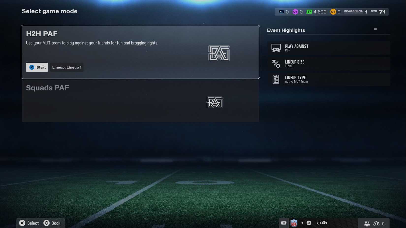 madden 26 ultimate team h2h paf and squads paf options
