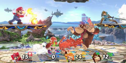 Mario, Link, Donkey Kong and Inkling fighting - Super Smash Bros. Ultimate
