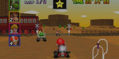 Mario racing his friends in Kalimari Desert - Mario Kart 64