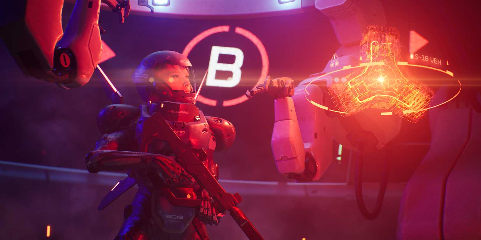 Metal Eden Aska looking at an Alpha Core