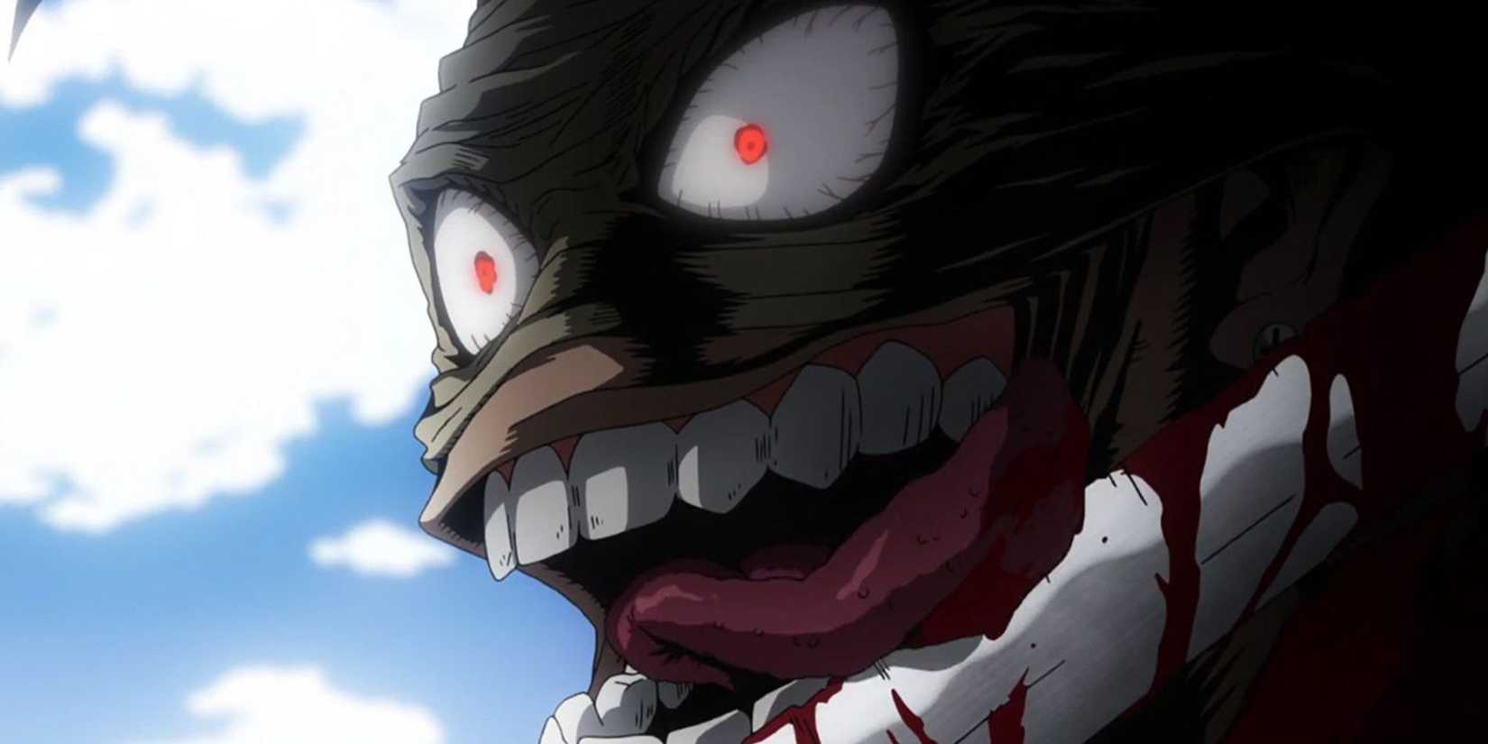 Stain from My Hero Academia licks his bloody teeth.