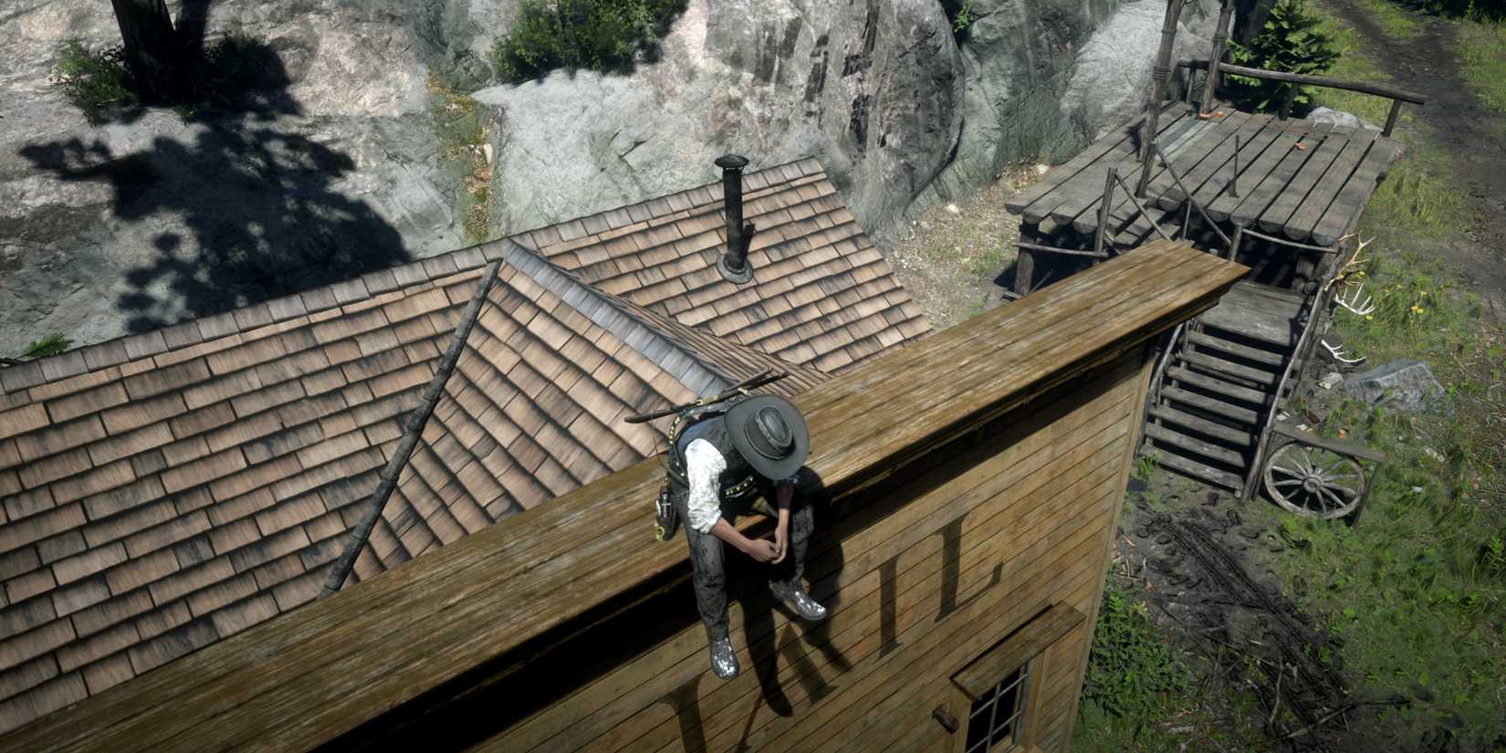 Sitting on top of the Sheriff's Office in Strawberry in Red Dead Redemption 2