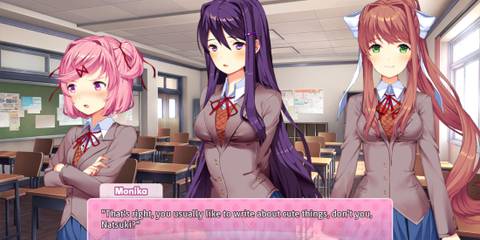 Monika and her friends talking to the player - Doki Doki Literature Club!