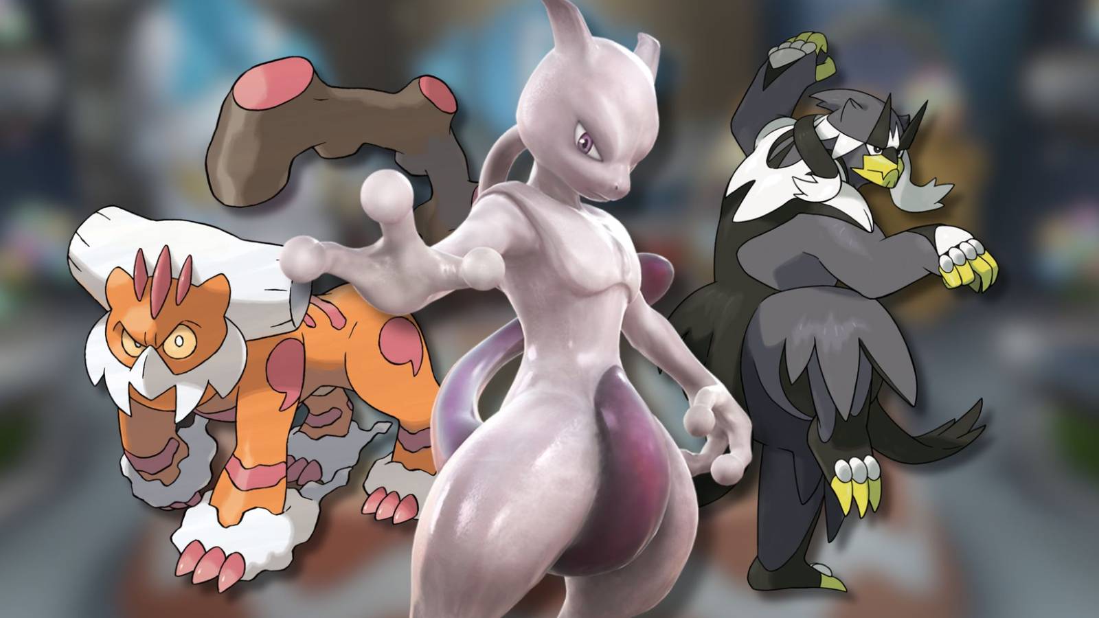 A collage of three overpowered Pokemon: Landorus Therian, Mewtwo and Urshifu Rapid Strike Style.