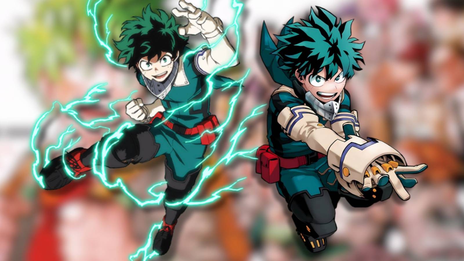 A collage of two versions of Deku from My Hero Academia, from the anime and the manga respectively.