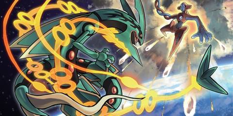 Official artwork of Mega Rayquaza confronting Deoxys - Pokemon Omega Ruby and Alpha Sapphire
