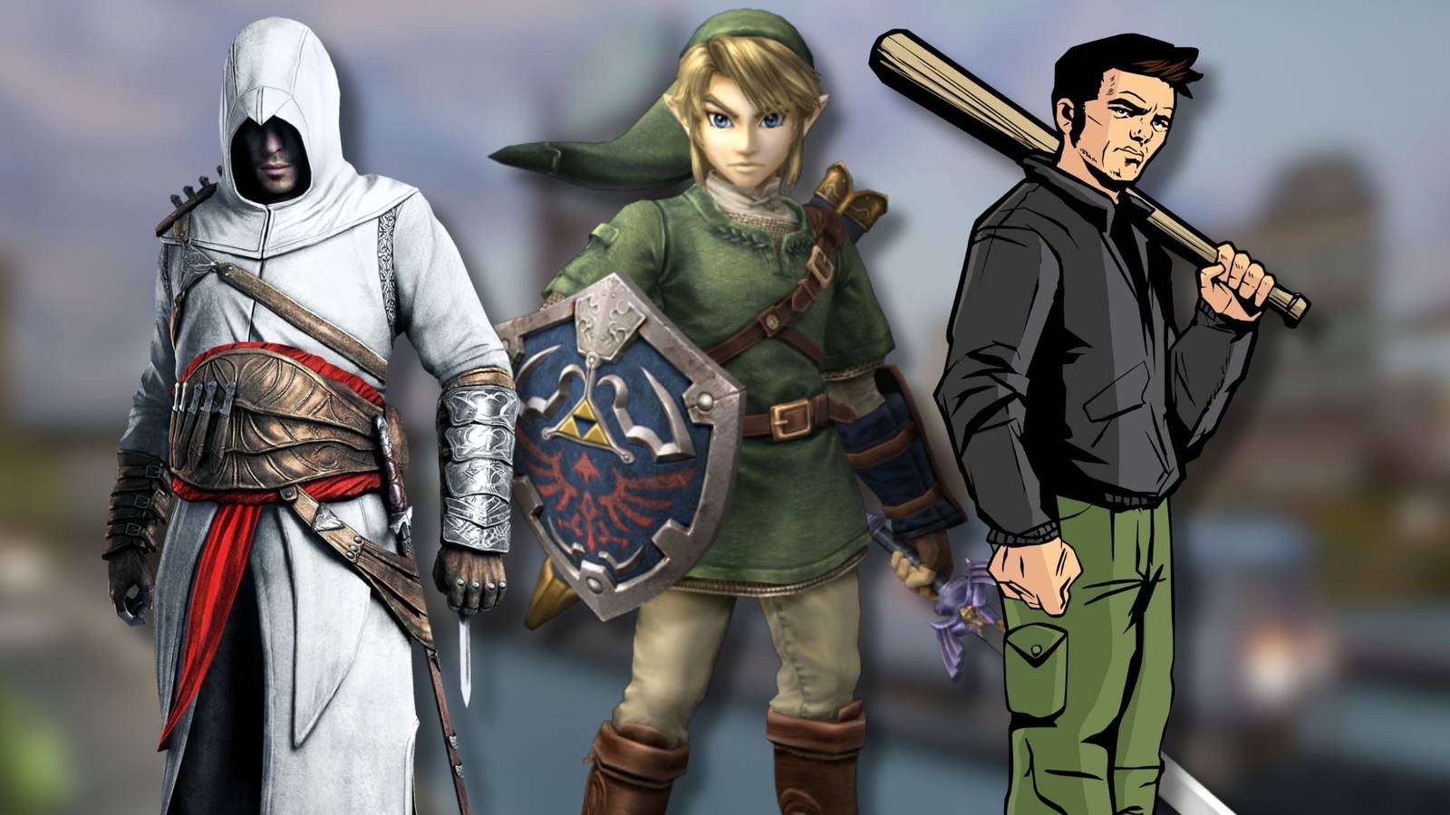 A collage of characters from three open-world games that haven't aged well: Altair from Assassin's Creed, Link from The Legend of Zelda: Twilight Princess and Claud from Grand Theft Auto 3.