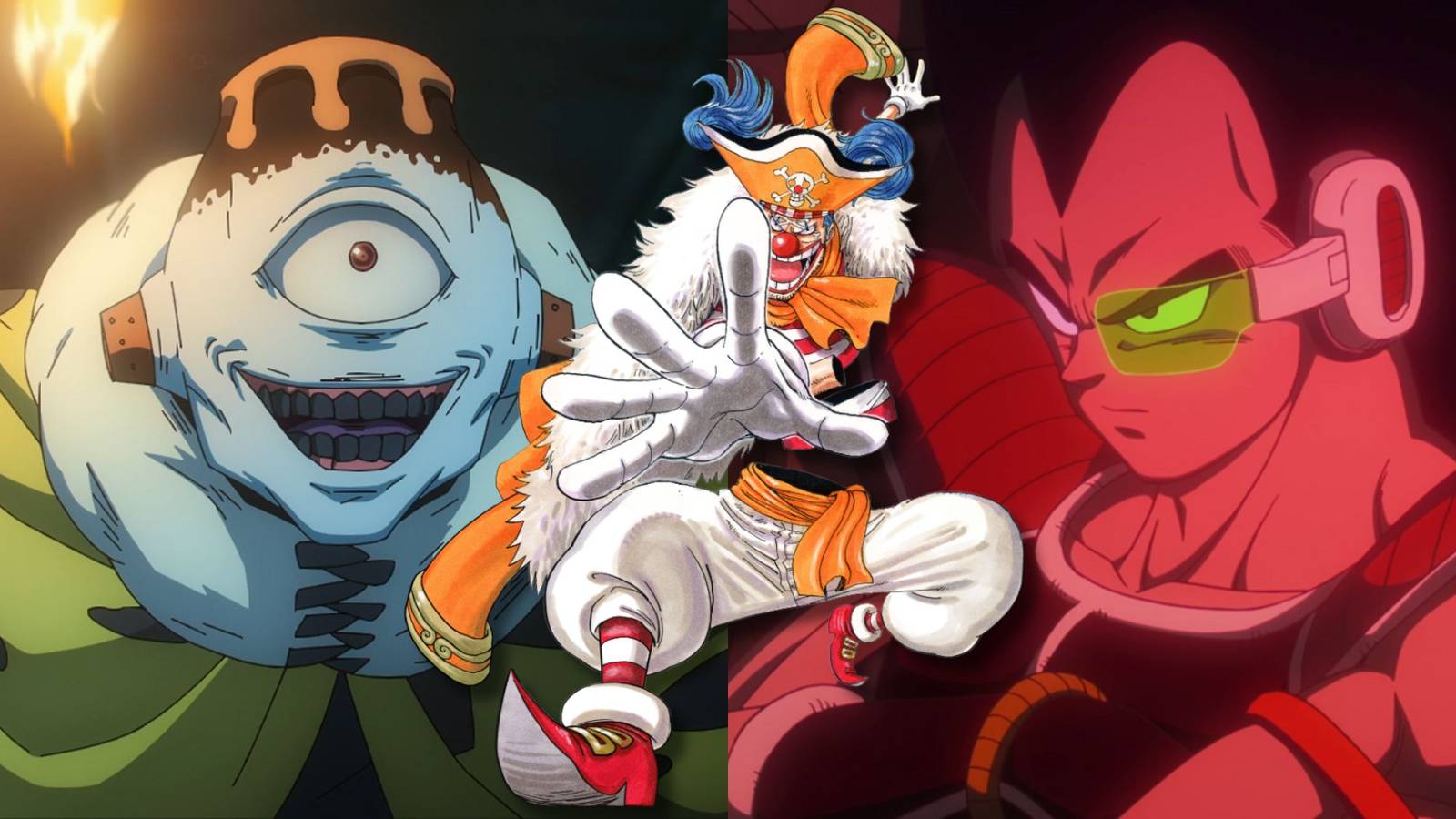 A collage of three characters who were voiced by Shigeru Chiba: Jogo from Jujutsu Kaisen, Buggy from One Piece and Raditz from Dragon Ball Z.