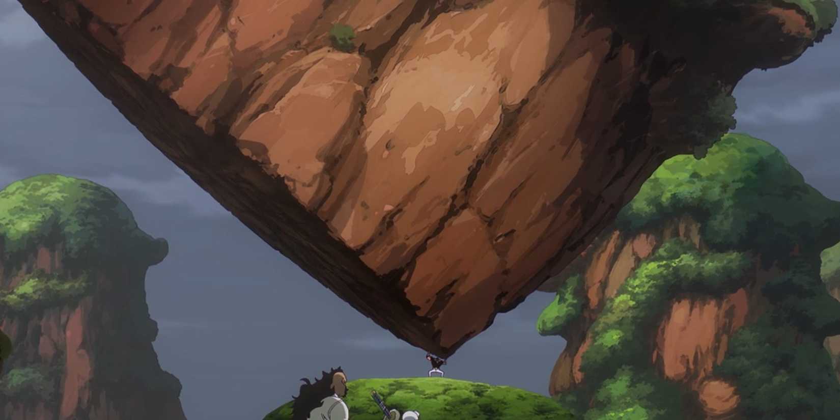 One Piece Jesus Burgess uses the Strong-Strong Fruit to lift a mountain in One Piece.