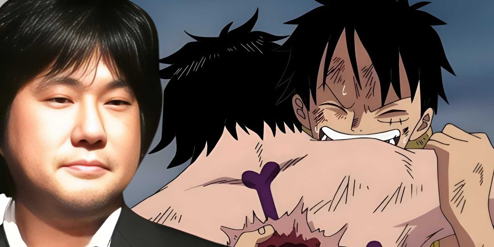 one piece oda with luffy hugging dead ace in background