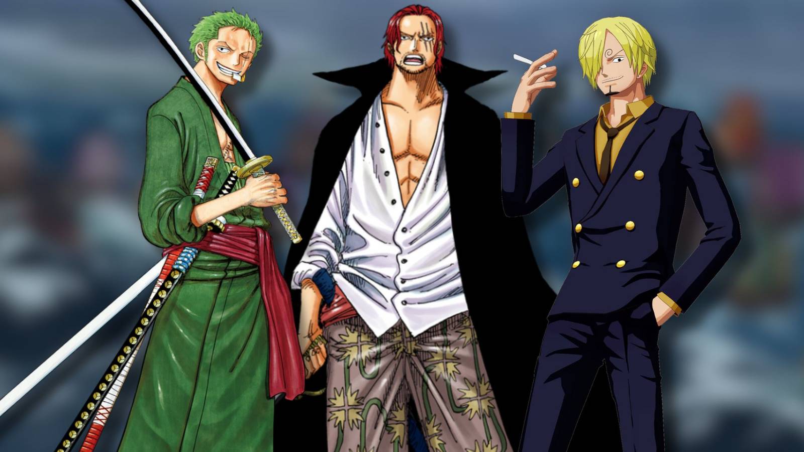 A collage of three One Piece characters who are very strong despite having no Devil Fruit powers: Roronoa Zoro, Shanks and Sanji.