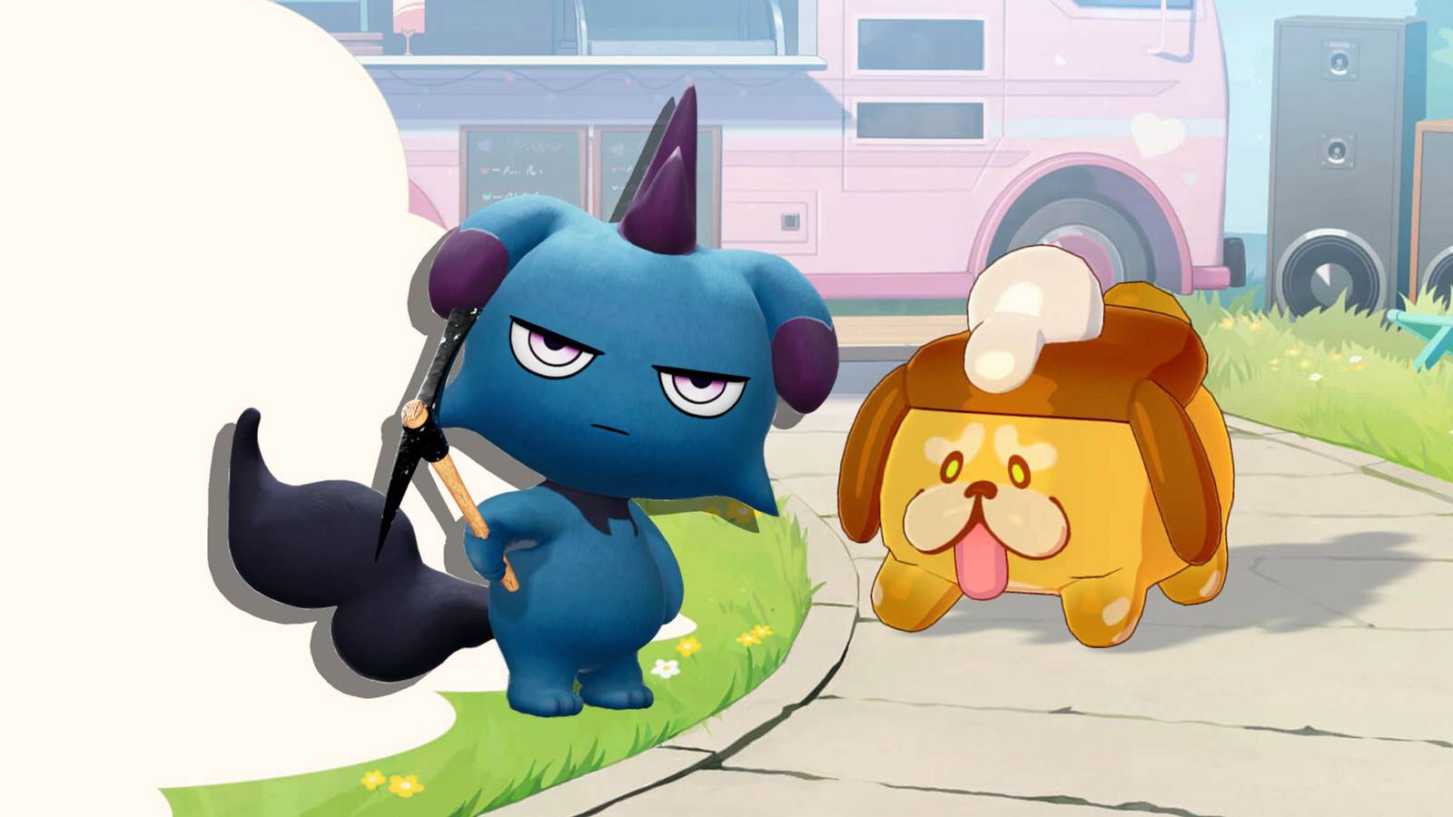 Palworld Depresso next to Honkai Nexus Anima doggo 2x1 composite