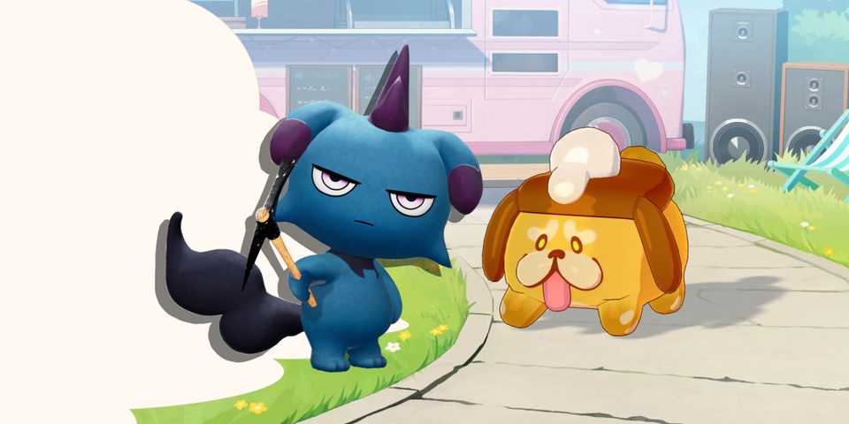 Palworld Depresso next to Honkai Nexus Anima doggo 2x1 composite