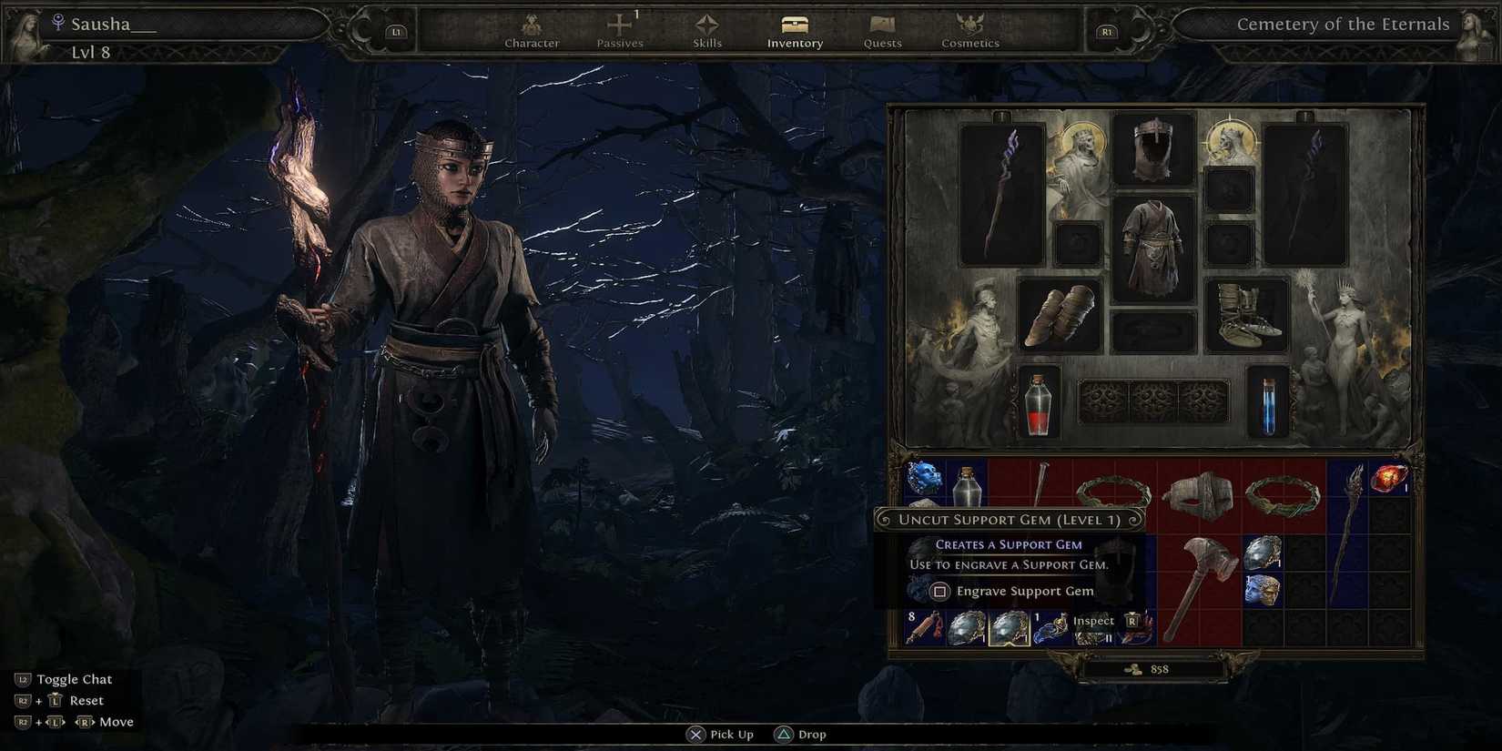 A Support Gem in the Player's Inventory 