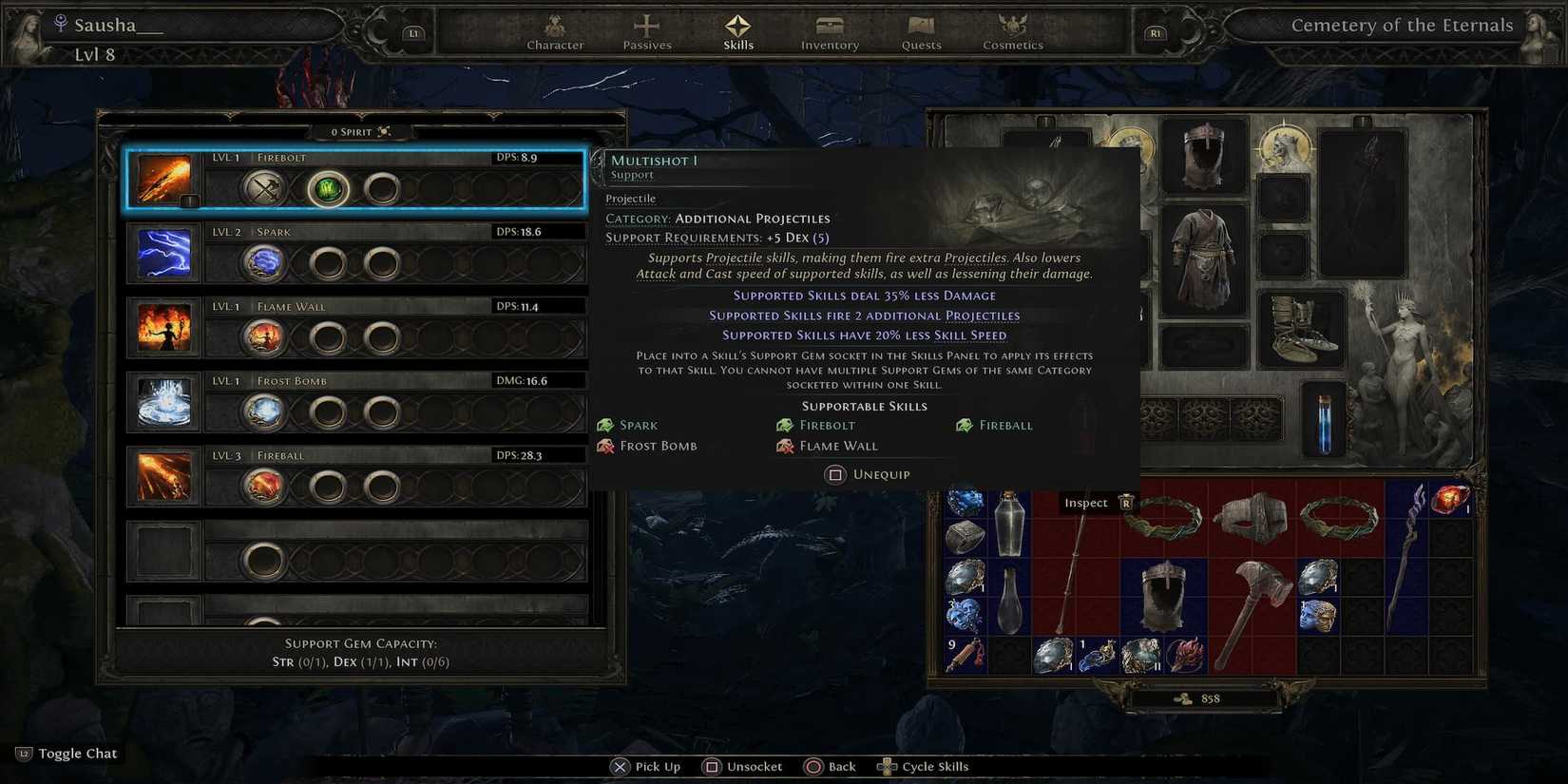 The Player Equipping the Multishot Support Gem 