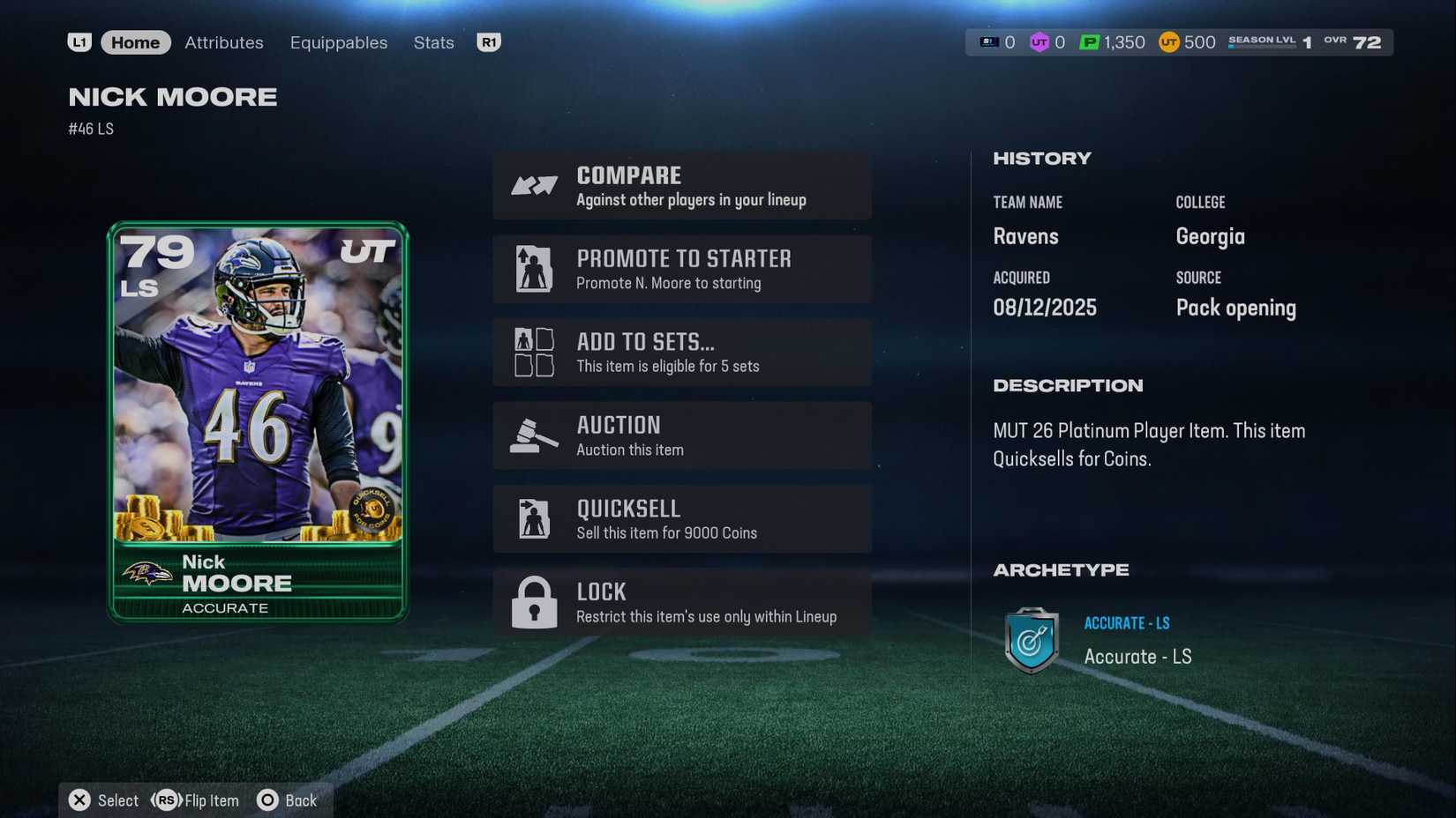 platinum player card quicksell value in madden 26 ultimate team