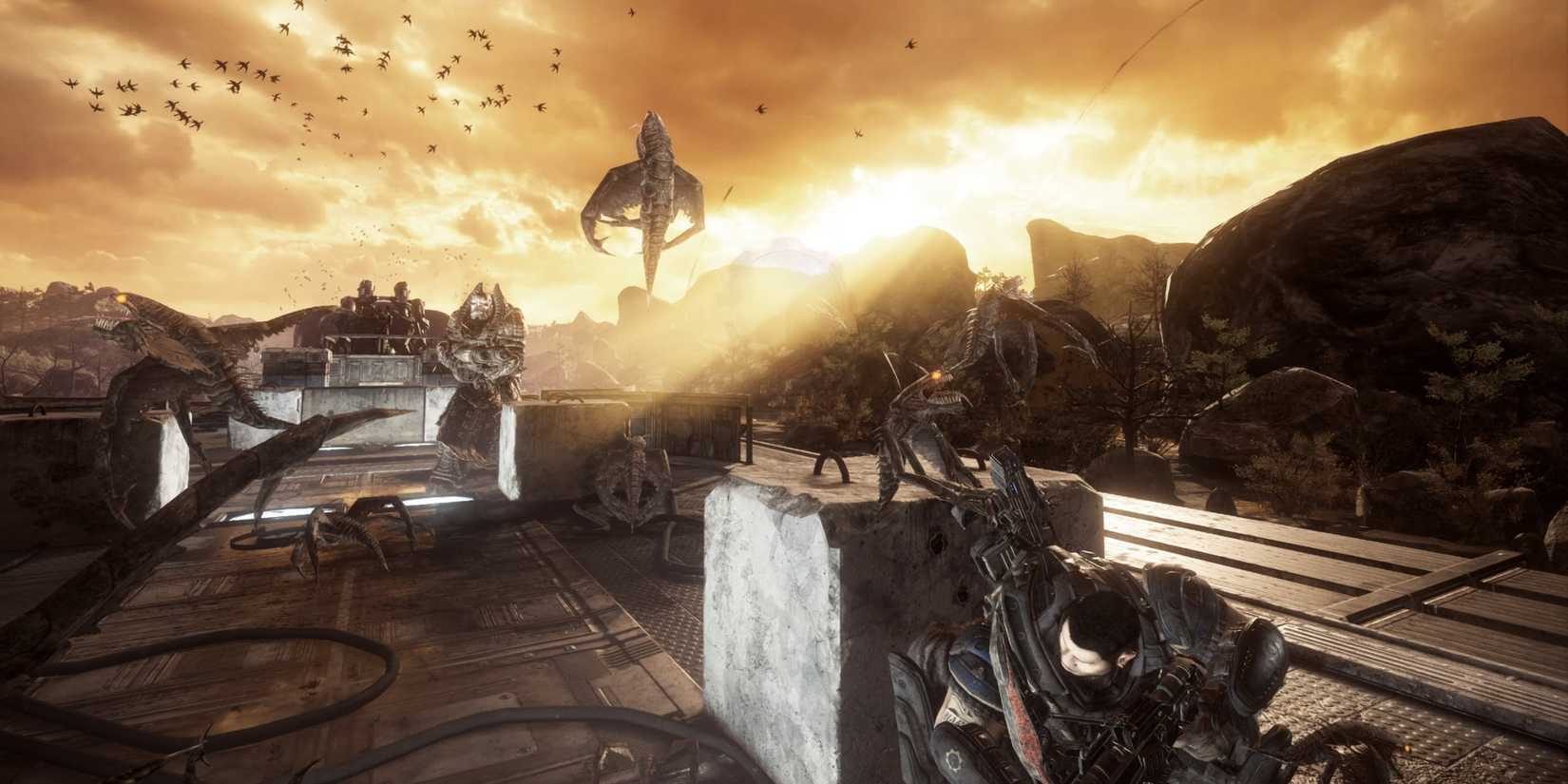 Player Positioned on Turret Gears of War Reloaded Raam Boss Fight