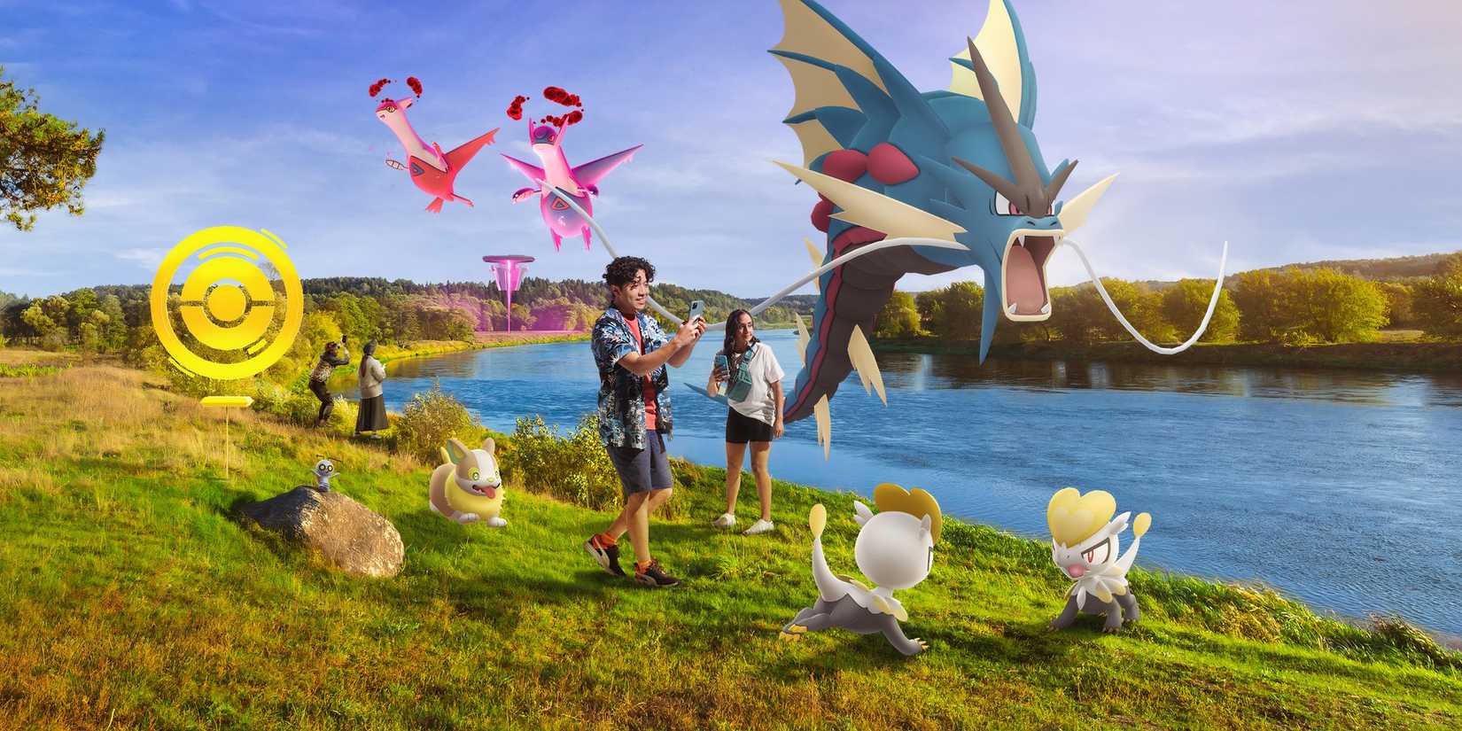 Players exploring the real world with Pokemon around in Pokemon Go