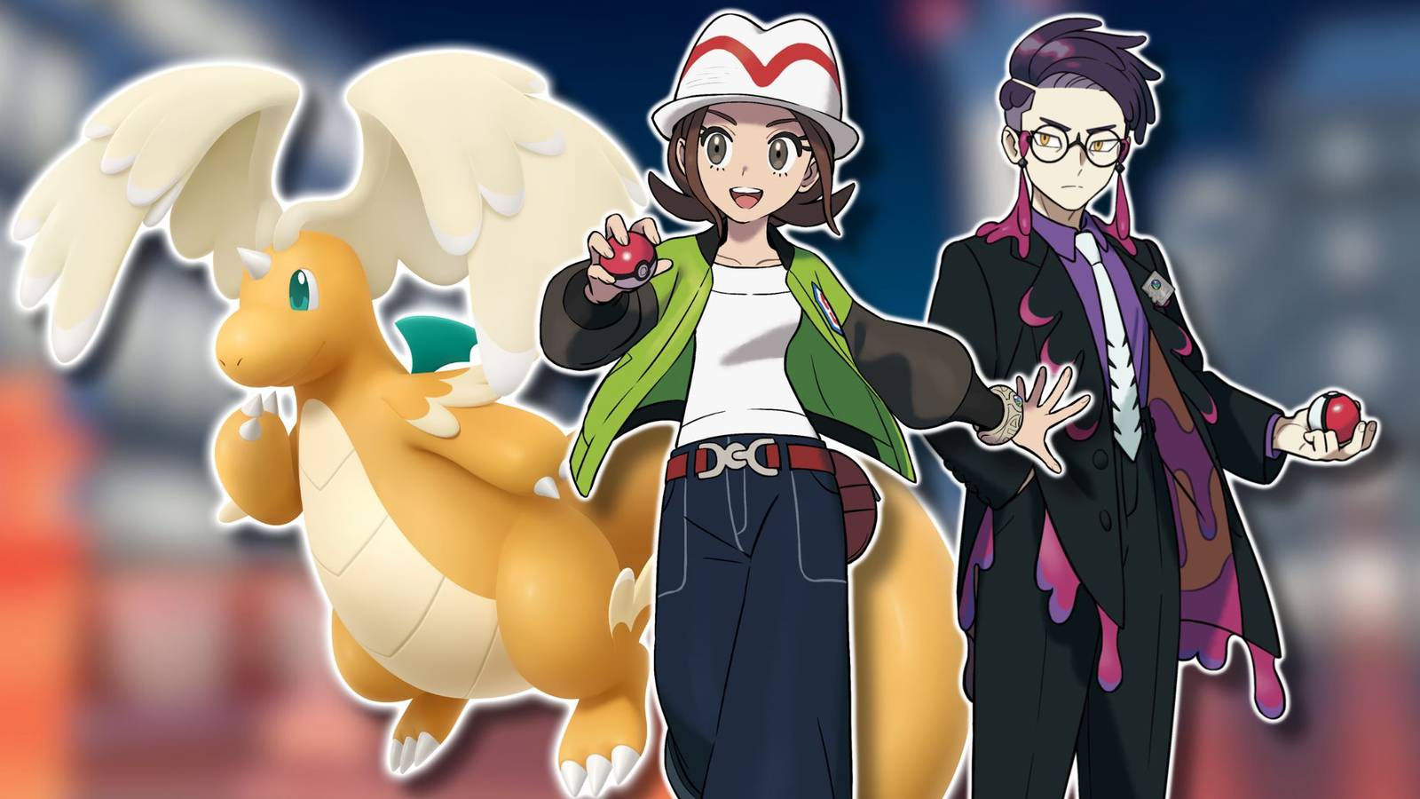 A collage of three prominent Pokemon Legends: Z-A characters: Mega Dragonite, Harmony and Corbeau.