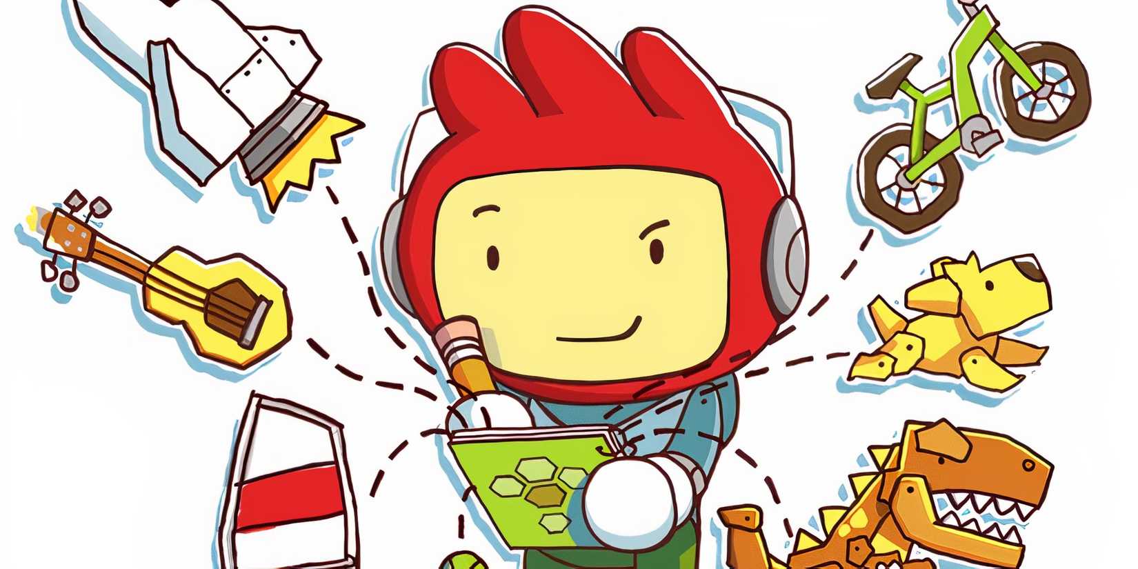 Promo art featuring Maxwell drawing in Scribblenauts