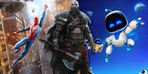 A collage of characters from three PlayStation 5 games everyone should own: Marvel's Spider-Man 2, God of War Ragnarok and Astro Bot.