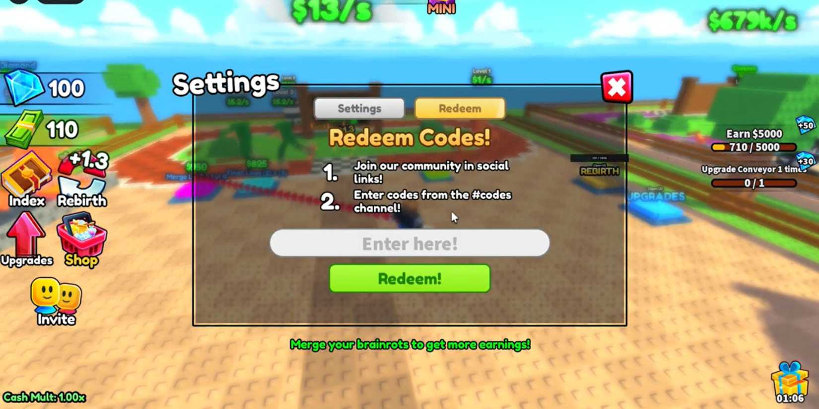 Race A Brainrot the codes tab