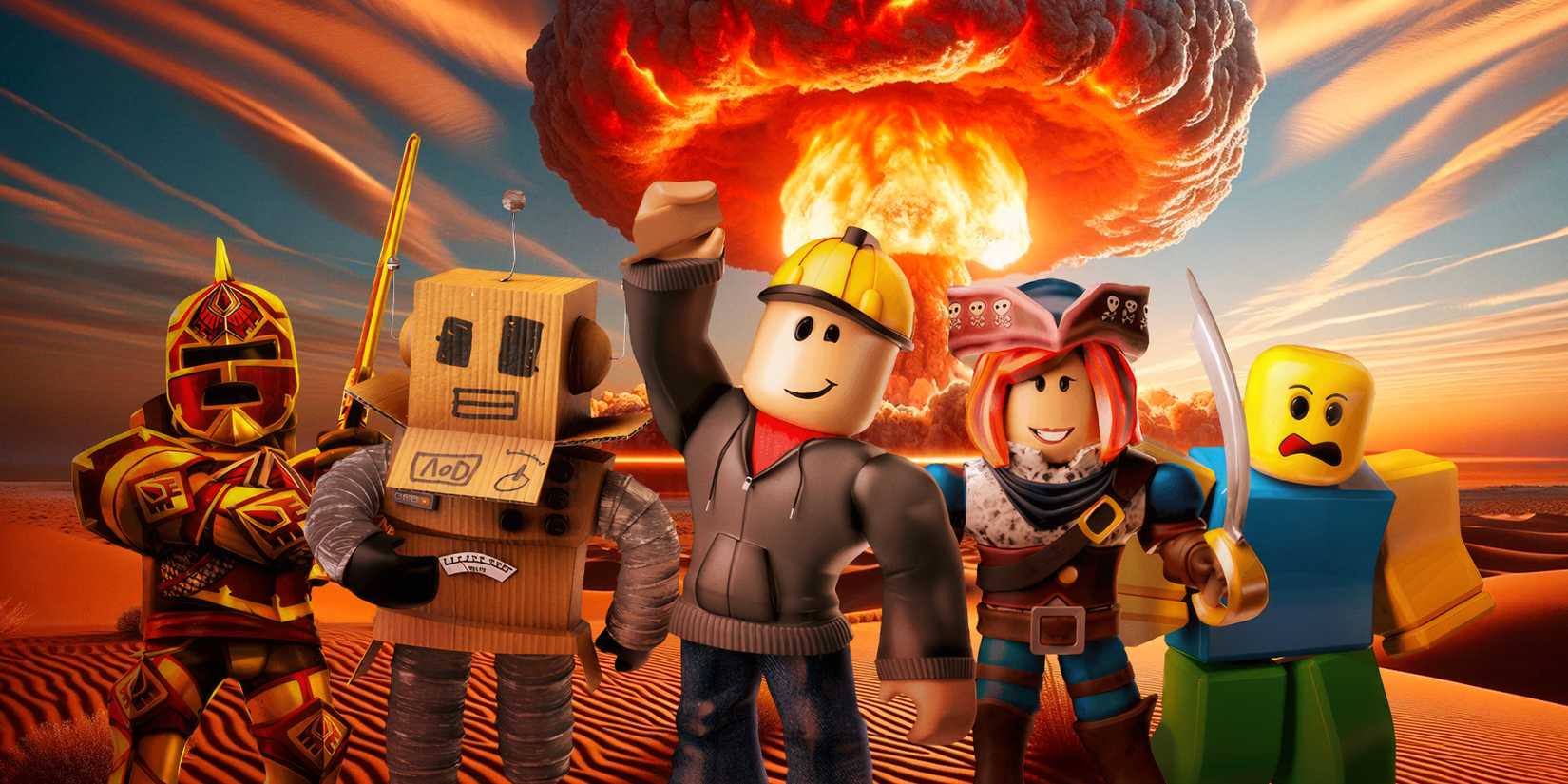 Personagens do Roblox em uma cena explosiva.
